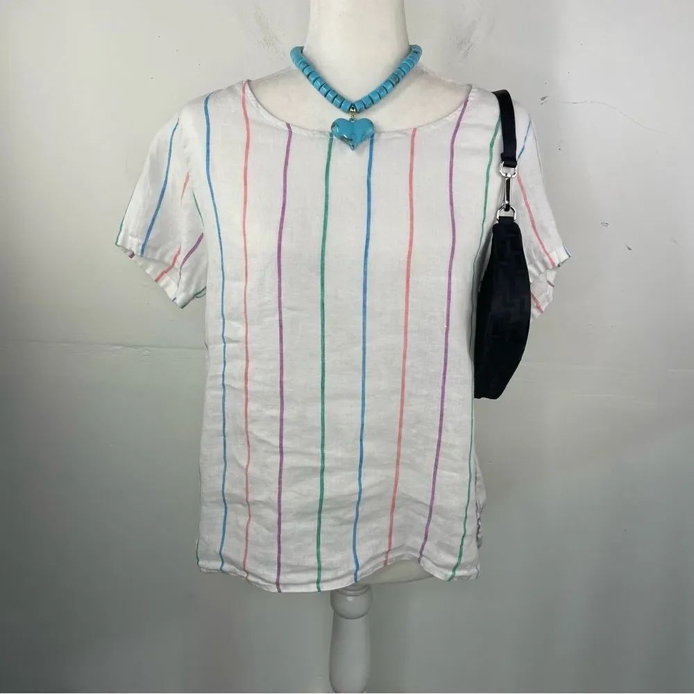 Christian Siriano 100% Linen Stripped Multicolor Top Short Sleeve size Small